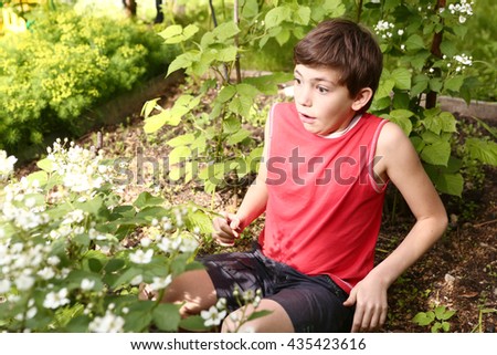 preteen handsome boy recoil from the wasp on blossoming bushes