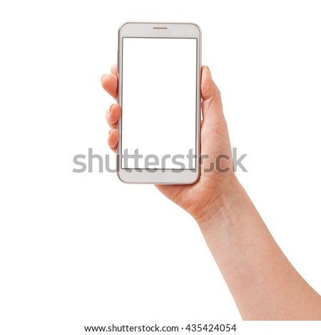 Woman hand holding the white smartphone isolated. Royalty-Free Stock Photo #435424054