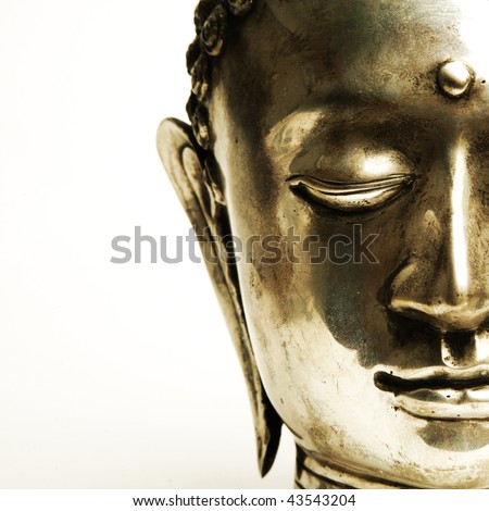 half of a buddha's face on white background