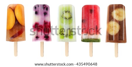 Five assorted fruit popsicles isolated on a white background Royalty-Free Stock Photo #435490648