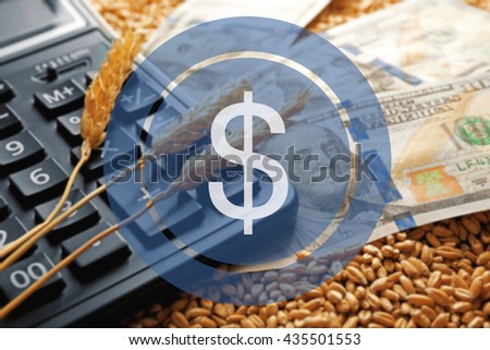 Dollar icon. Banknotes, calculator and wheat grains on wooden background. Agricultural income concept