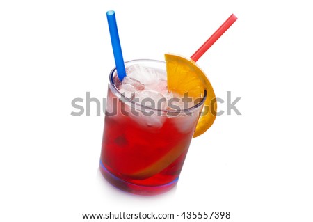Red cocktail with ice cubes on white background