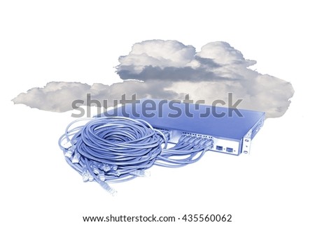 Network switch with ethernet cables in clouds concept