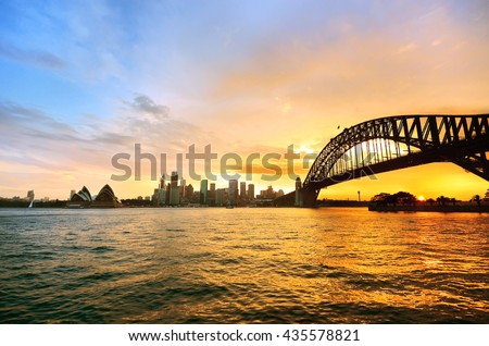 Panorama of Sydney Harbour at sunset