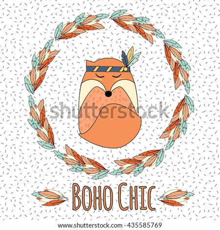 Boho fox and feather wreath in hand drawn style. Tribal, ethnic boho chic inspirational vector illustration