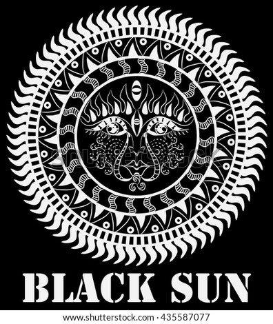 Black sun white symbol with face in boho style.