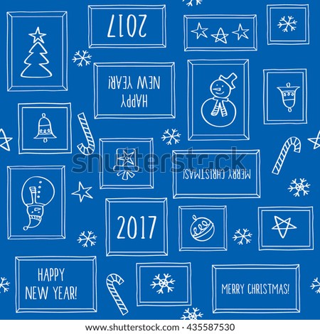 Happy New Year 2017. Merry Christmas. Wrapping paper. Winter seamless pattern. Doodles, sketch, design elements. Vector.