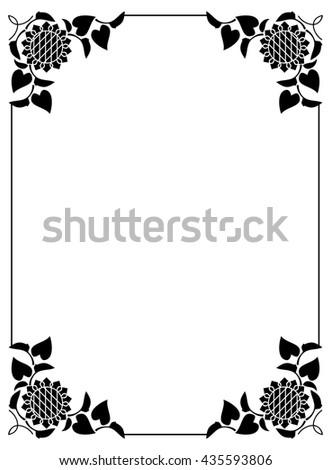 Black and white frame with decorative sunflowers silhouettes. Vector clip art.