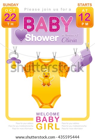 Baby shower girl  invitation design with body suit, socks, soother in yellow, pink and purple color on white background. Cute duckling icon