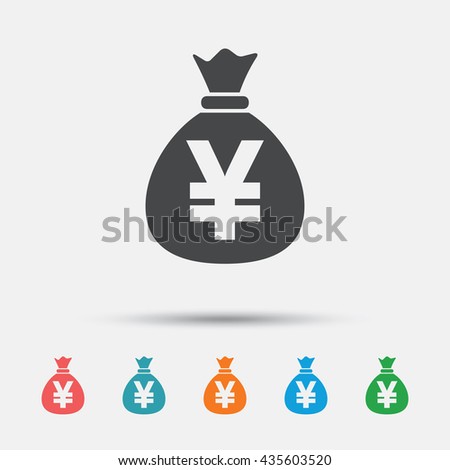 Money bag sign icon. Yen JPY currency symbol. Graphic element on white background. Colour clean flat money bag icons. Vector