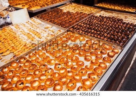 Counter with sweets at the Mahane Yehuda Market in Jerusalem.