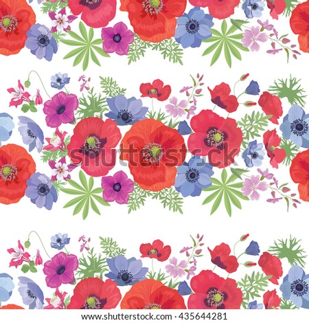 Seamless Vector Floral Pattern with Poppies , Anemones, Petunia and Fuchsia . Gypsy Stile. Summer Fashion Ornament for Fabric and Wrapping Paper.