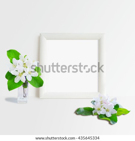 Mock up with white square Frame and apple blossom