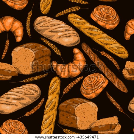 Bread, seamless pattern with bakery products, french baguette, croissant and bun.