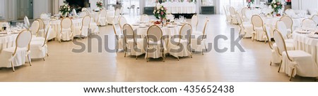 Catering service. Restaurant table with food. Wedding celebration, decoration. Dinner time, lunch. Royalty-Free Stock Photo #435652438