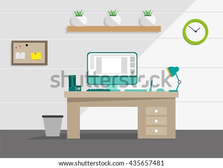 Clean Interior office concept with computer and household tools. Editable Clip Art. 