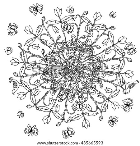 mandala shaped contoured flowers, leaves and birds for adult coloring book in zen art style for anti stress drawing. Hand-drawn, retro, doodle, vector, black and white, for coloring book or poster