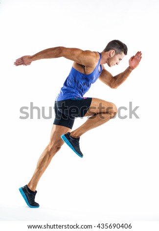 Full length portrait of a fitness man running isolated on a white background. Royalty-Free Stock Photo #435690406
