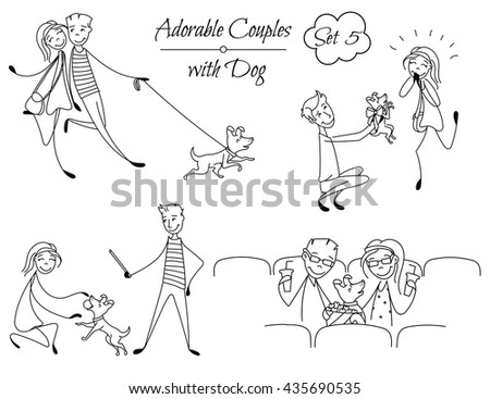 Set of lined couples in the sketch style. Characters in different situations. Couples playing with their dog, sitting at the cinema. Boyfriend with girlfriend in love. hand drawn Vector illustration