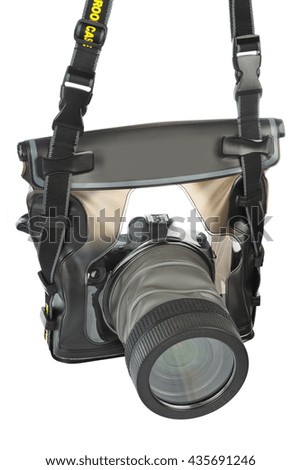 Camera in waterproof case isolated on white background