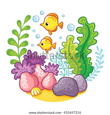 ?artoon underwater life.  Vector illustration. Sea, fish, algae, corals.Cartoon concept of wildlife in the ocean.