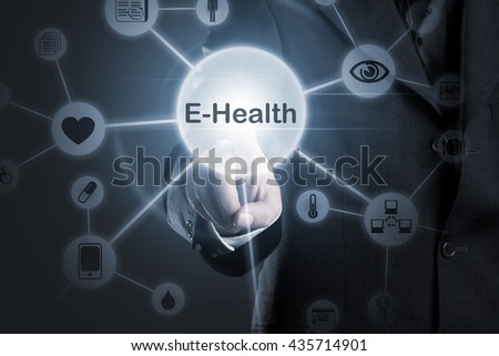 Hand touching E-Health symbol connected to health, medical and technology symbols