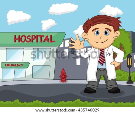 A doctor standing in front of hospital with city background cartoon vector illustration