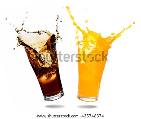 Orange juice and cola splashing out of glass., Isolated white background. Royalty-Free Stock Photo #435746374