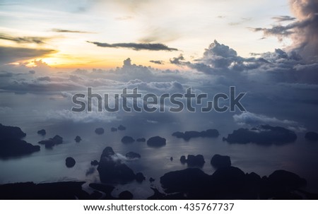 Tropical islands at dawn view from the plane, Thailand, Phang-nga