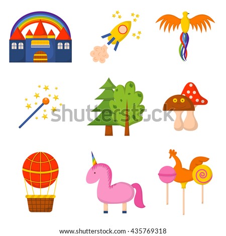 Vector illustration with cute colorful cartoon fantasy world: rockets, castle, trees, unicorn, balloon, amanita. Children book cartoon cover or illustration. Vector icons. Fantasy dream world template