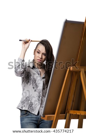 Female artist drawing picture isolated on white background