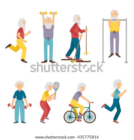 Vector set of cartoon characters. Old people activity: dumbbell, skiing, running, tennis, cycling. Happy active grandfather and grandmother. Old people activity concept. Vector old man and old woman