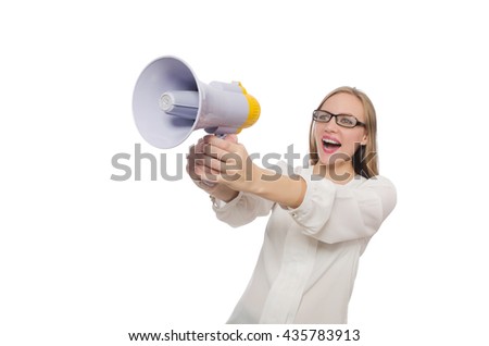 Woman with loudspeaker isolated on white