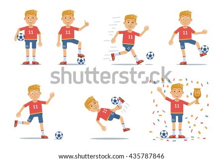 Set of football player characters showing different actions. Cheerful soccer player standing, running, kicking the ball, jumping, celebrating victory. Simple style vector illustration