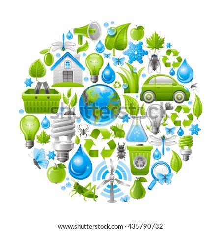 Ecological set with green icons on white background for environment protection concept. Recycling symbol, Earth globe, garbage can, electric car, light bulb, insect, organic food, wind turbine, water