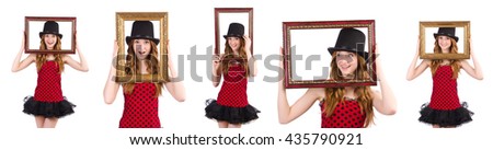 Pretty girl in red polka dot   dress with picture frame  isolate