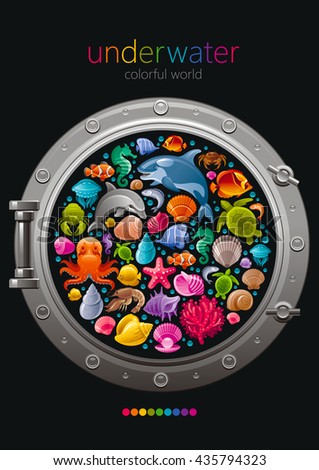 Sea travel icon set with underwater diving animals. Dolphin, killer whale, starfish, coral, oyster pearl, butterfly fish, tropical shells, sea horse, octopus, turtle and more marine icons in porthole