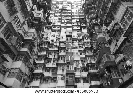 Dense residential building in Hong Kong, Monochrome photo,  