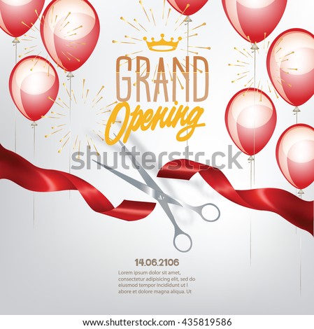 Grand opening banner with curled cut ribbon and air balloons. Vector illustration
