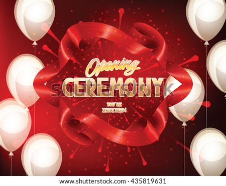 Grand opening elegant banner with red curled ribbon, firework and air balloons. Vector illustration