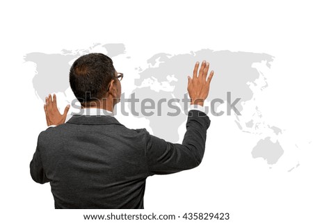 business man showing hand and finger with world map chart