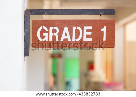 Elementary school, grade one sign at corridor outside of classroom in the morning