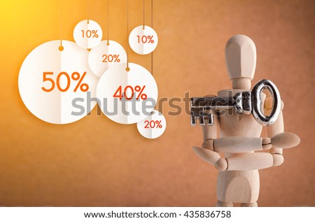 human character with a silver key in hand with  formed of red tags; great for shopping, sales, advertising, discounts and promotion