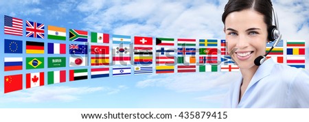 contact us, customer service operator woman with headset smiling isolated on international flags and sky background