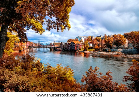 View through autumn foliage to Nidelva river, Trondheim city, Norway Royalty-Free Stock Photo #435887431