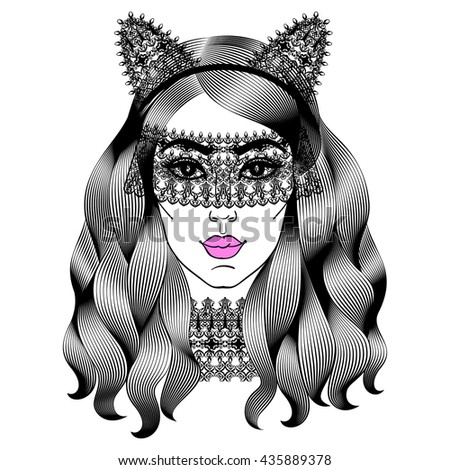 Beautiful woman in lace mask. Girl with cat ears. Fashion girl with curly long hair.