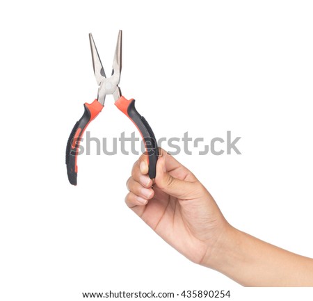 Hand holding Red pair of needle-nose pliers isolated on a white background.