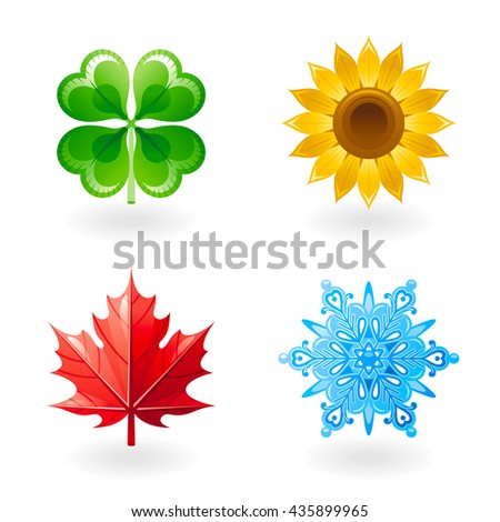 Four seasons nature flat icon set. Green shamrock leaf as spring symbol, yellow sunflower as summer design element, red maple leaf as autumn object, blue snowflake as winter clip art.
