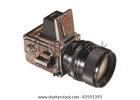 Medium format professional photo camera with lens isolated on white.
