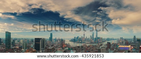 Aerial photography bird view at Shanghai bund Skyline of panorama of twilight